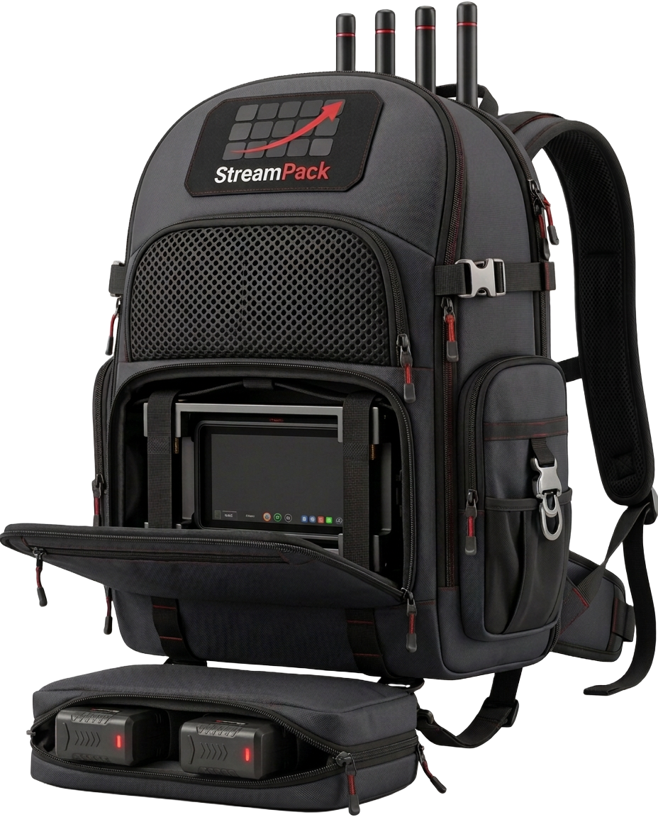 StreamPack field backpack with open rear control window, multi-5G streaming unit and bottom battery pocket